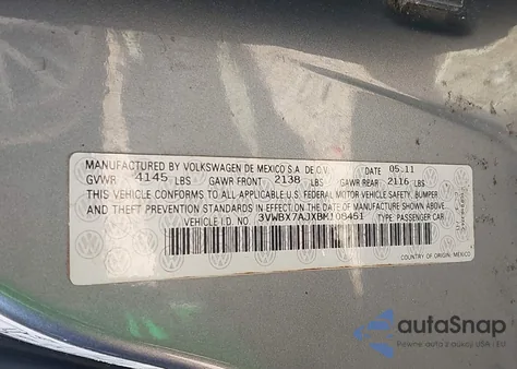 2011 Volkswagen Jetta 2.5L Se из США, поврежденный, VIN 3VWBX7AJXBM108451